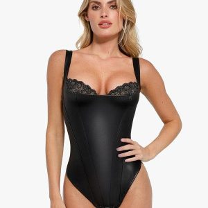 Shapewear Faux Leather Lace Balconette Sculpting Bodysuit