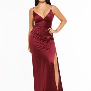 Shapewear Satin Deep-V Front Slit Maxi Dress
